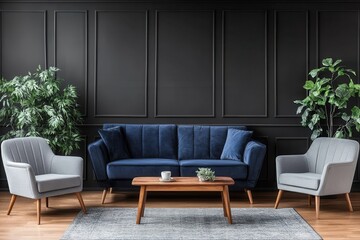Elegant living room design featuring a navy blue couch and minimalist decor with stylish plants and a wooden coffee table