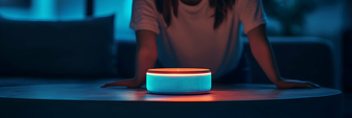 A glowing AI-powered smart speaker playing personalized music  -