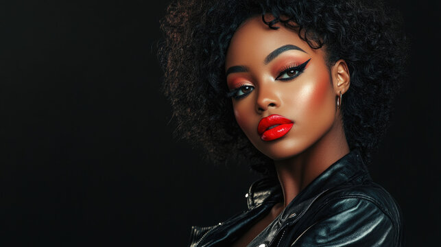 Elegant african female with red lips and curly hair in leather jacket