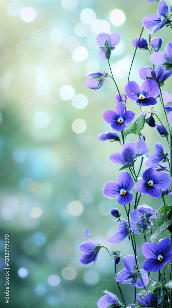Poster purple pansies with dew drops blooming on a bokeh background, creating a delicate and dreamy atmosph