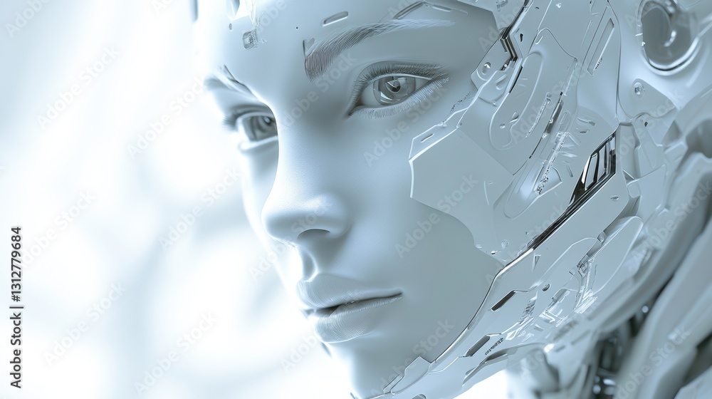 Poster A futuristic face is rendered in 3D, featuring advanced, sleek design elements and high-tech details.