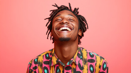 Joyful african adult male with colorful shirt smiling against pink background