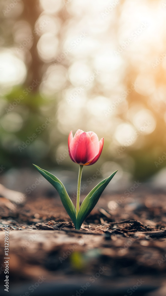 Poster pink tulip emerging from soil, bathed in golden spring light, blurred green backdrop creating dreamy