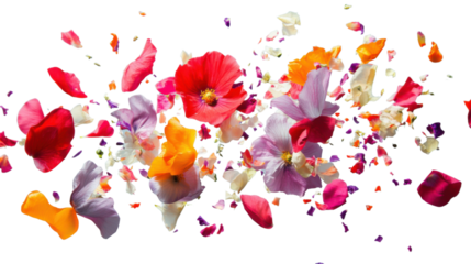 Colorful flower petals falling on transparent background