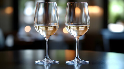 Two glasses of white wine on a table