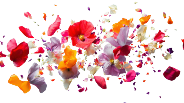 Colorful flower petals falling on transparent background
