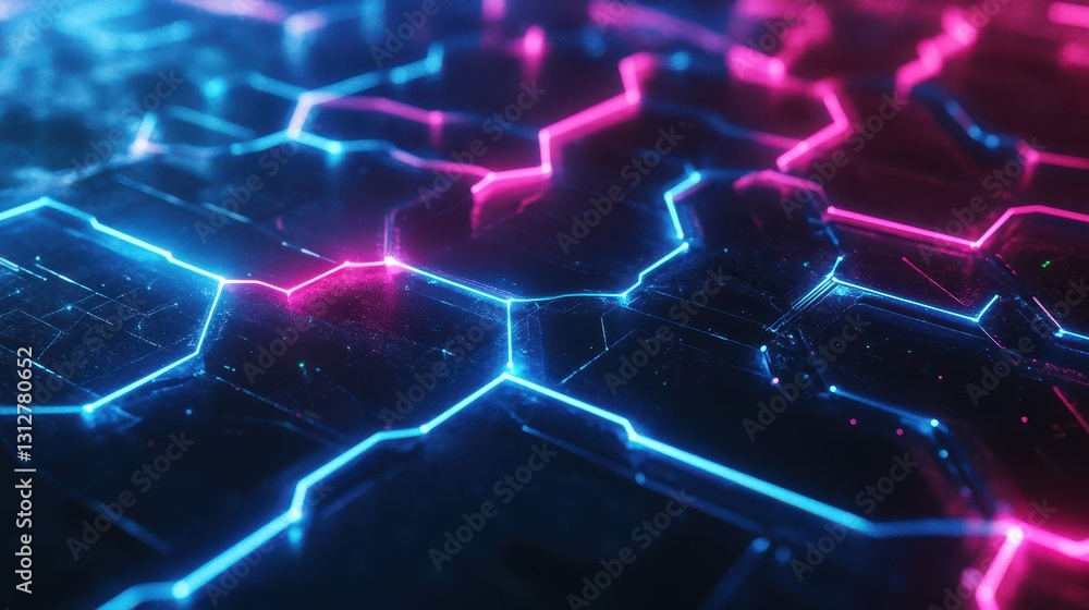 Poster a futuristic neon abstract background featuring a network grid with electric glowing blue and pink c