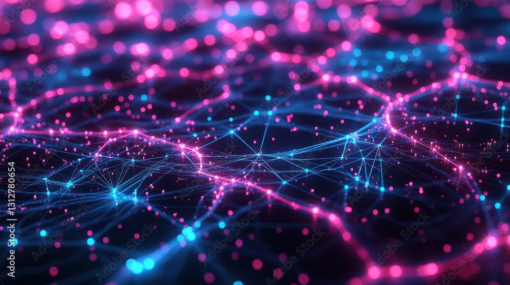 Poster a futuristic neon abstract background featuring a network grid with electric glowing blue and pink c