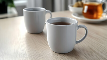 Two teacups of hot beverage on wooden table
