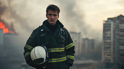 Caucasian male firefighter battling urban blaze with determined expression in smoke-filled setting