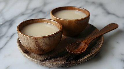 Obraz premium Two wooden bowls of creamy beige beverage on a wooden plate with a spoon.