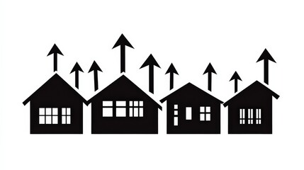 Fototapeta premium Silhouette of houses with upward arrows symbolizing growth and development in a minimalist design