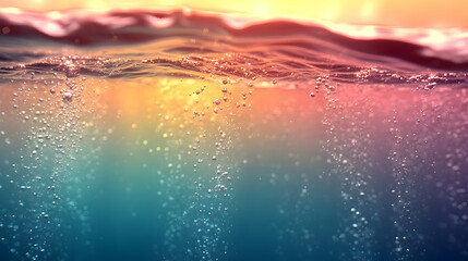 Underwater bubbles rising, sunlit ocean depths