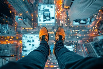High-Angle View of Legs Dangling Over Cityscape at Night