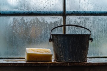 Fototapeta premium Cleaning Supplies on a Windowsill with Condensation, Yellow Sponge and Metal Bucket, Washing Windows