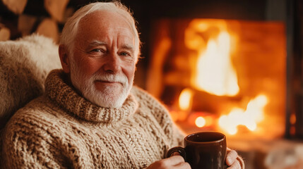 Elderly caucasian man relaxing by fireplace with hot drink in cozy sweater