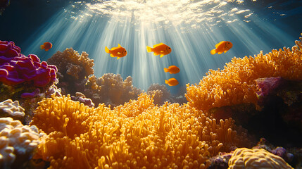 Underwater coral reef scene with sunbeams and fish.
