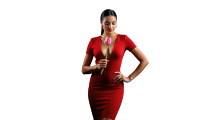 A woman in a form-fitting red dress, holding a single pink flower under dramatic low-key lighting against transparent background.