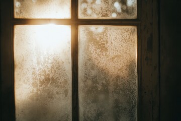 Old Frosty Windowpane with Warm Light Shining Through