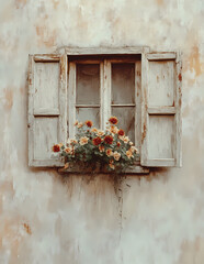 A surreal digital artwork of a creaky, weathered window adorned with flowers on a pale, neutral wash. Muted beige, grey, and rusty red tones evoke isolation, abandonment, and the passage of time.