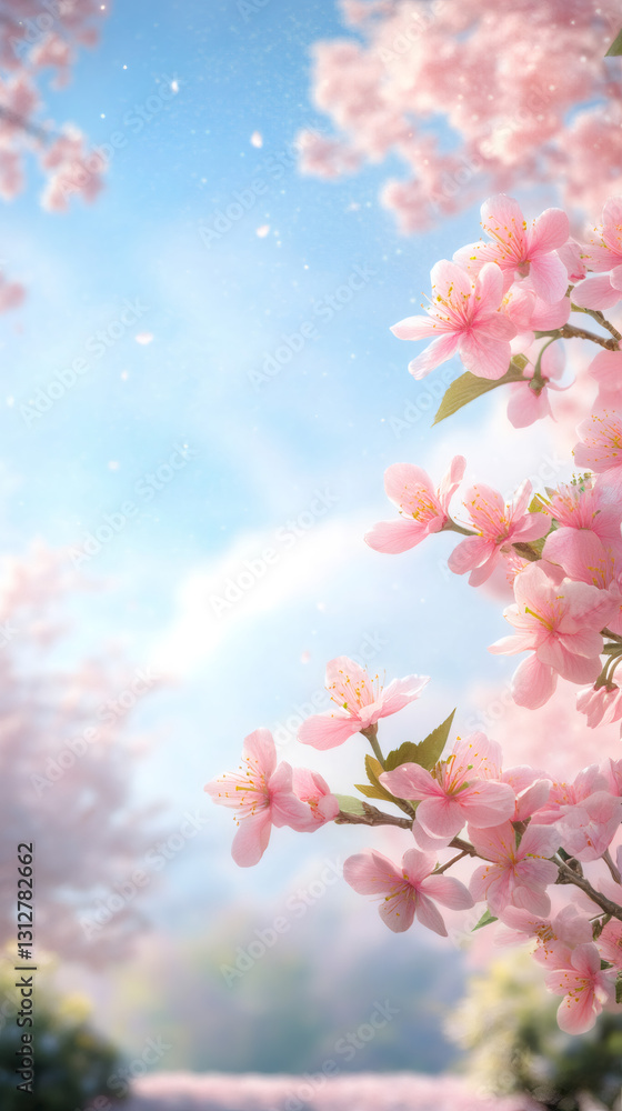 Poster pink cherry blossoms gently falling from a tree branch create a serene and beautiful spring scene