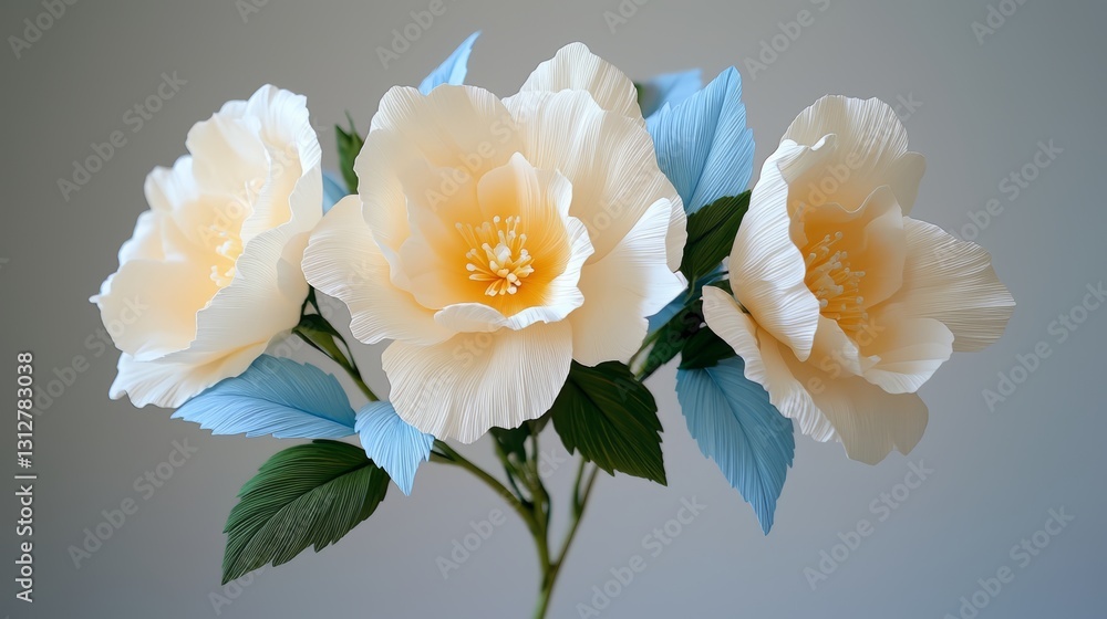 Poster bouquet of white flowers with blue leaves. the flowers are arranged in a way that they are all facin