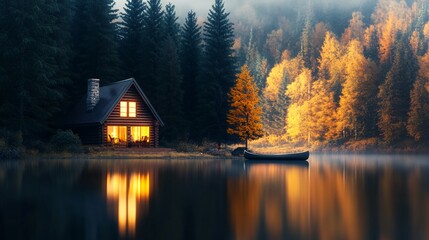 Fototapeta premium Cozy Rustic Cabin with Warm Lights by Tranquil Lake and Autumn Forest