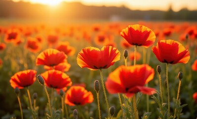 Vibrant red poppies at sunset