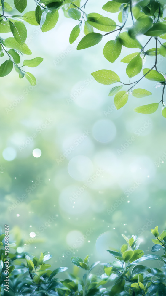 Poster green foliage framing soft-focus landscape, sunlight particles dancing through verdant leaves, creat