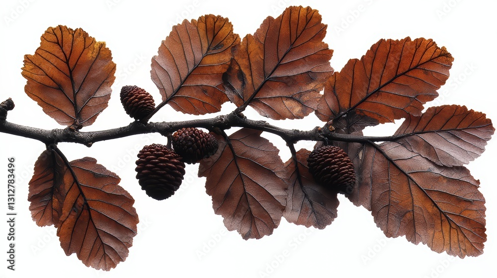 Poster branch with leaves and cones on it. the leaves are brown and the cones are green. the branch is on a