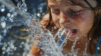 Obraz premium Young girl in the rain spitting water from her mouth, Young woman outdoor washing her face and body in the water, Young girl playing with water outdoor
