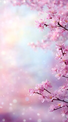 Fototapeta premium Cherry tree flowers blooming against a soft bokeh background, creating a serene atmosphere with ample copy space for text