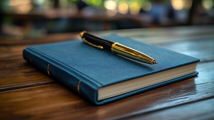 Elegant Blue Leather Journal with Gold Pen on Wooden Table