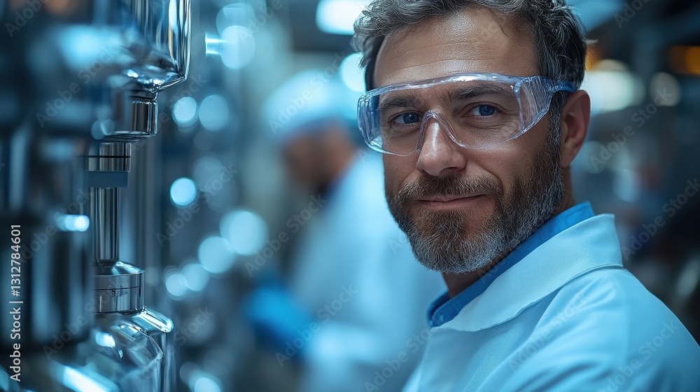Poster scientist in laboratory coat smiling at camera while working with equipment in a busy lab