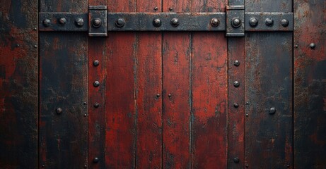 Fototapeta premium Rusty wooden door with metal bands, fortress exterior