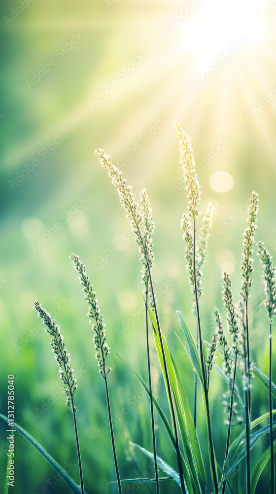 Aufkleber Green grass glowing under sun rays in a spring meadow, creating a stunning bokeh effect that enhances the beauty of nature