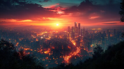 City Sunset Panorama from Mountaintop