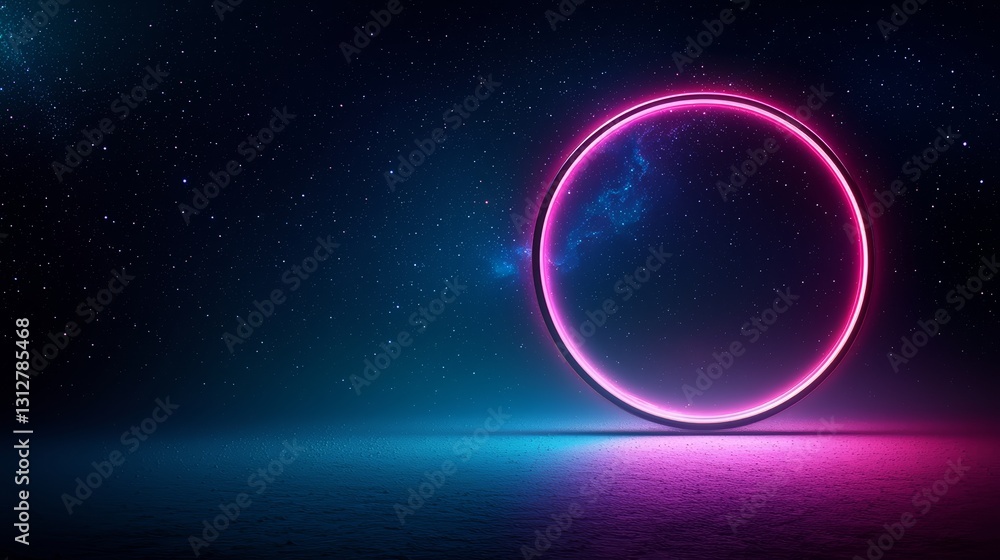 Aufkleber glowing, neon circle is the main focus of this image. the background is a dark blue sky with stars s