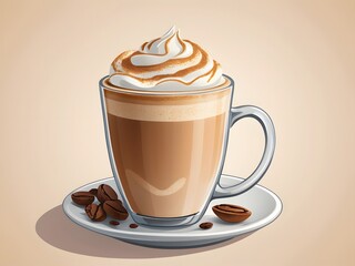 layered latte artfully depicted in a glass cup, with steam rising against a warm, neutral background.