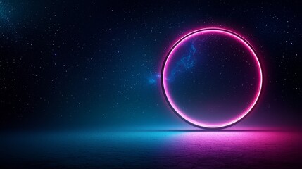 Fototapeta premium Glowing, neon circle is the main focus of this image. The background is a dark blue sky with stars scattered throughout. Scene is mysterious and captivating