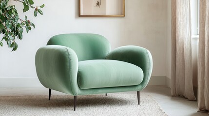 Sage green velvet armchair in modern living room.