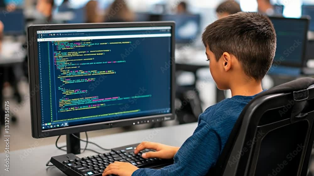 Poster a young boy attentively works on programming code in a modern computer lab. concept of early educati