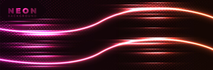 Obraz premium Pink neon light curves on dark background, website header