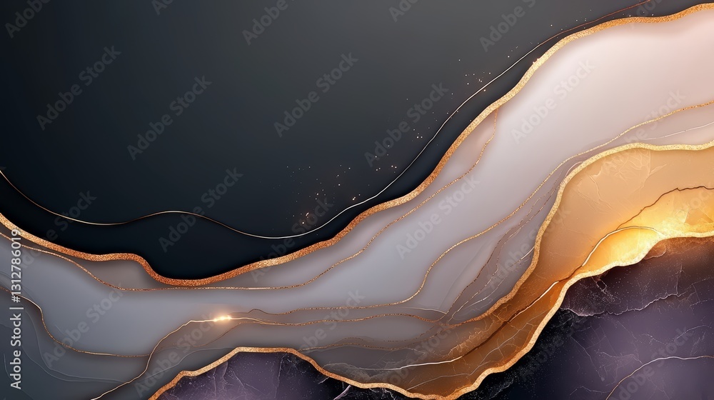 Poster gold and white line with a black background. the line is curvy and has a shiny appearance