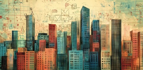 Obraz premium A Stylized Artistic Depiction Of A City Skyline With Tall Buildings