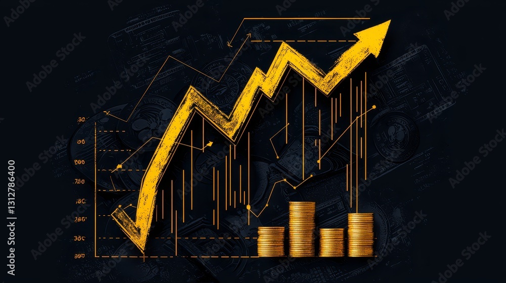 Poster Graph with a line going up and a pile of coins on the bottom. The graph is showing a rise in value