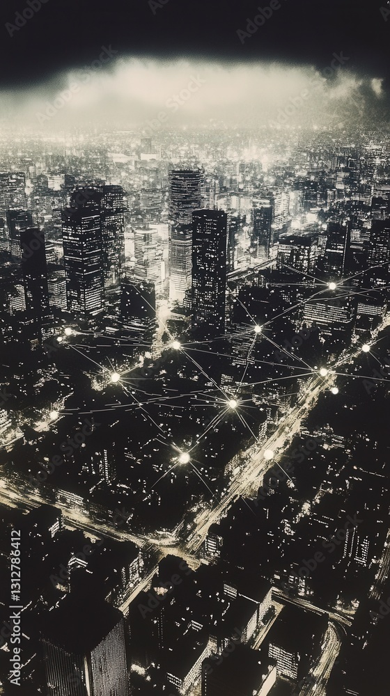 Poster digital nightscape with intricate connected pathways.