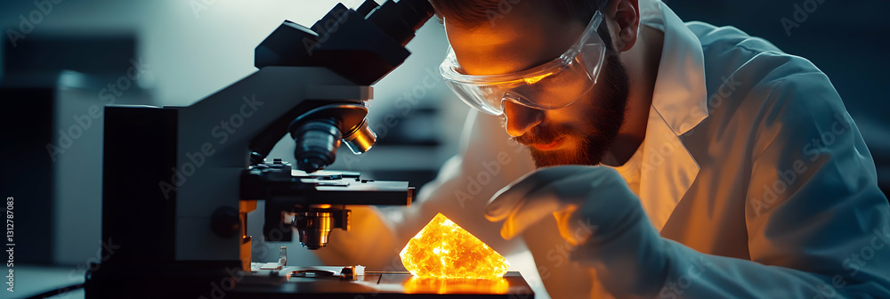 Poster a scientist examining a glowing crystal under a high-tech microscope -