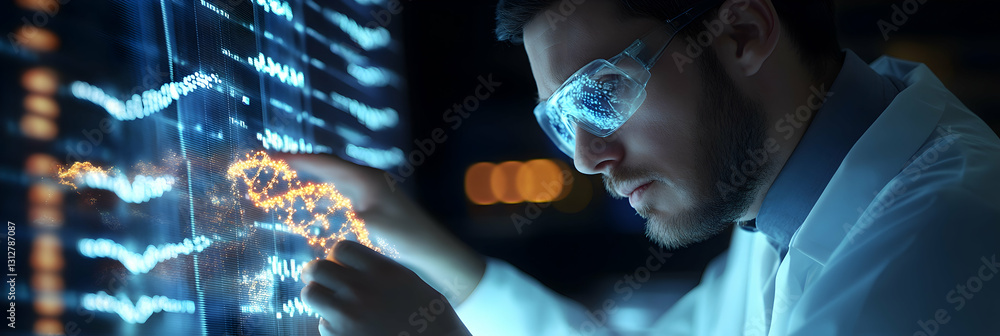 Poster a scientist analyzing a glowing dna sequence on a holographic screen -