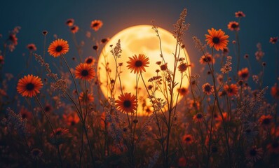 Vibrant flowers against a golden moon